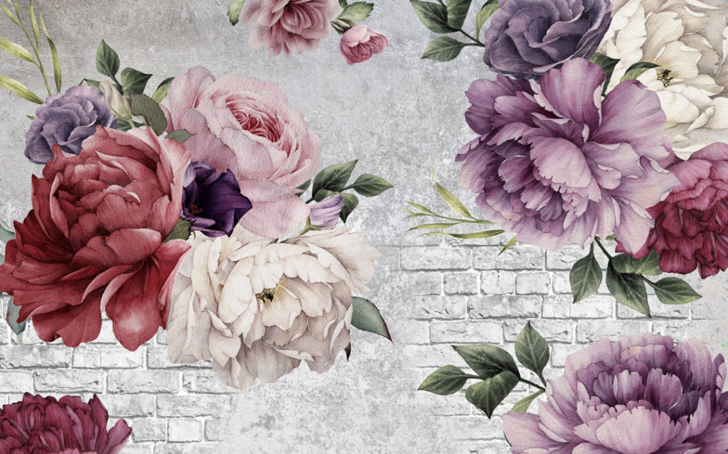 Фотообои Разноцветные пионы и кирпичная стена