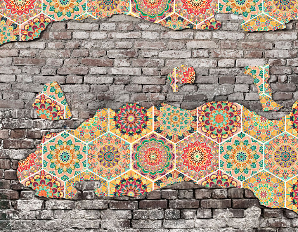 Фотообои Кирпичная стена с узором в восточном стиле