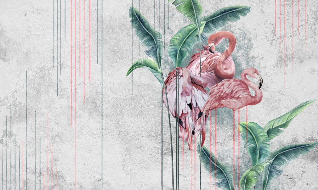 Фотообои Фламинго, листья на светлом фоне
