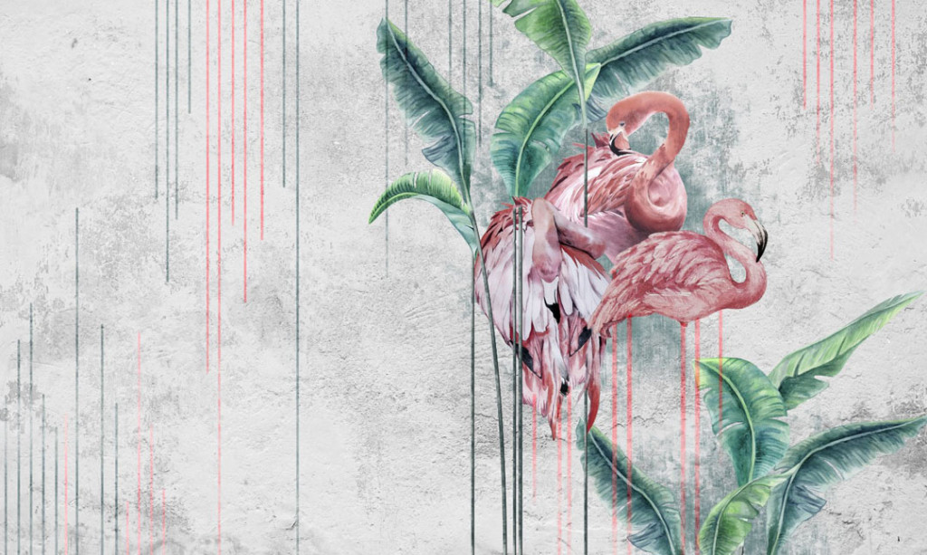 Фотообои Розовые фламинго на сером фоне