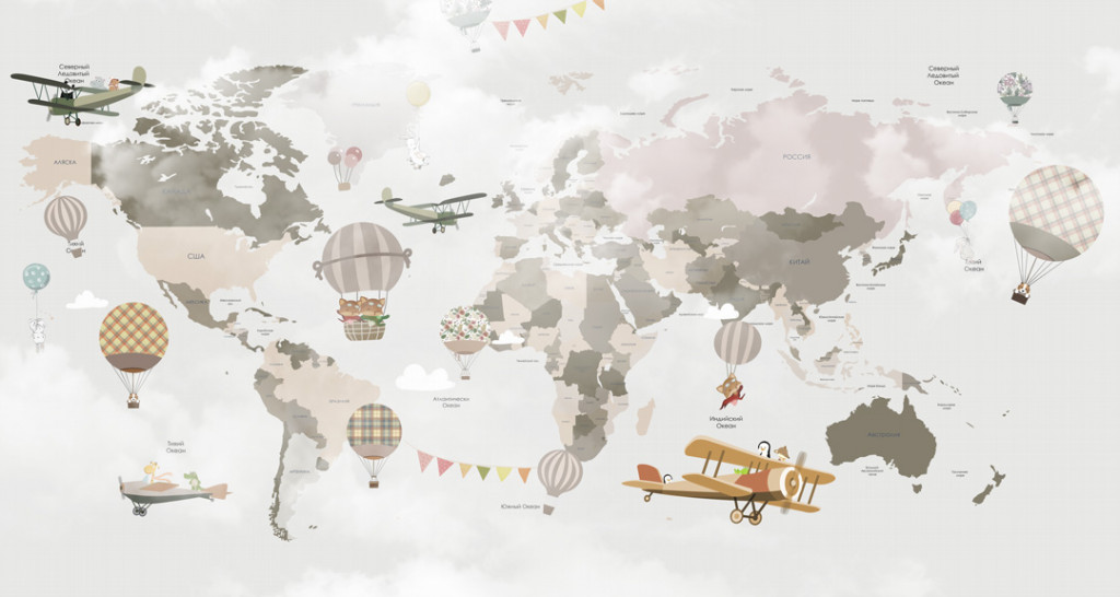 Фотообои Самолеты и шары на фоне карты