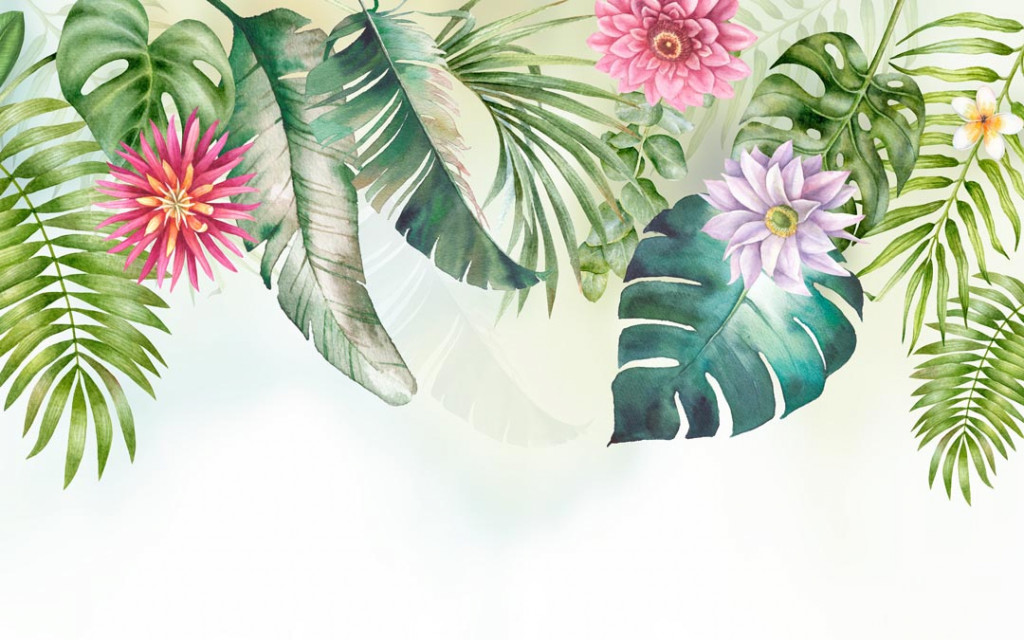 Фотообои Дизайнерские листья с цветами