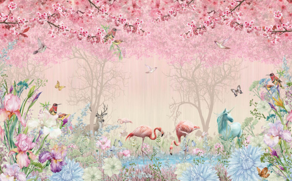 Фотообои фламинго в сказочном лесу