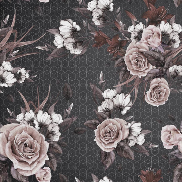 Фотообои Красочные цветы с темным геометрическим рисунком