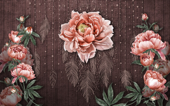 Фотообои Пионы с перьями в восточном стиле