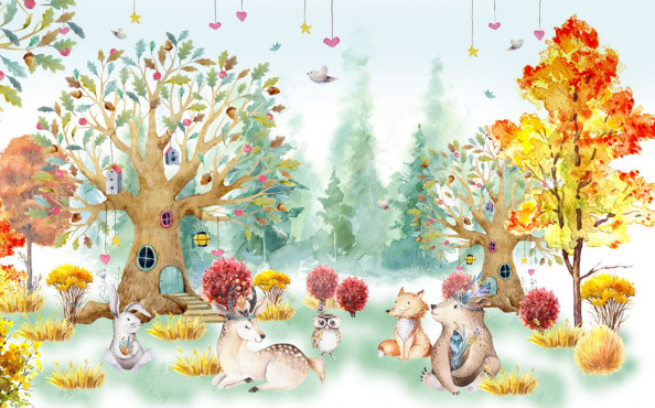 Фотообои  Акварельные животные в лесу