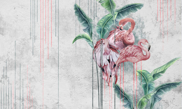 Фотообои Фламинго, листья на светлом фоне