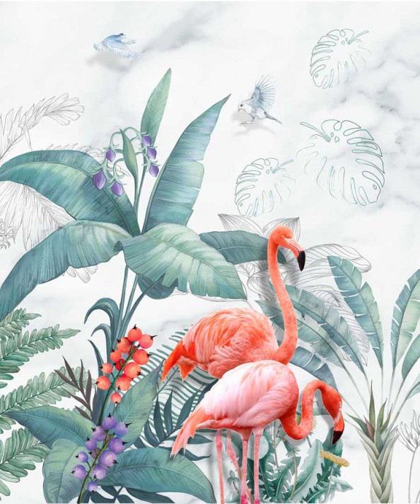 Фотообои Фламинго и тропические листья