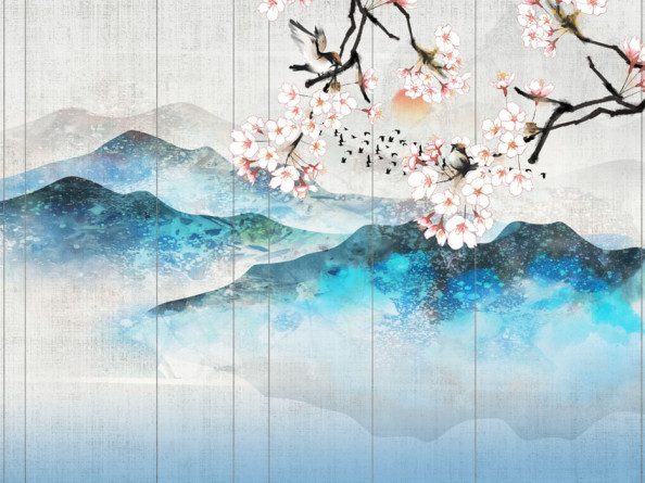 Фотообои Горы и сакура в японском стиле