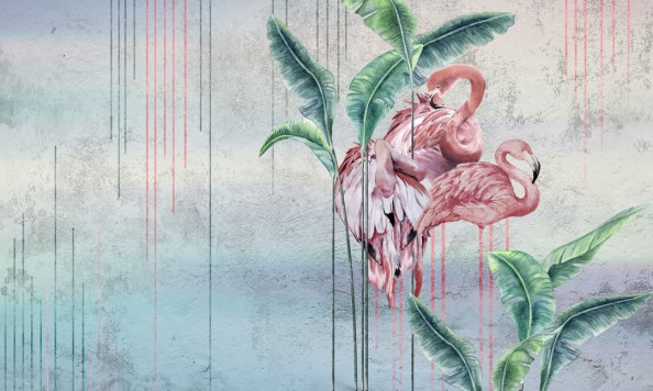 Фотообои Фламинго на фоне декор стены