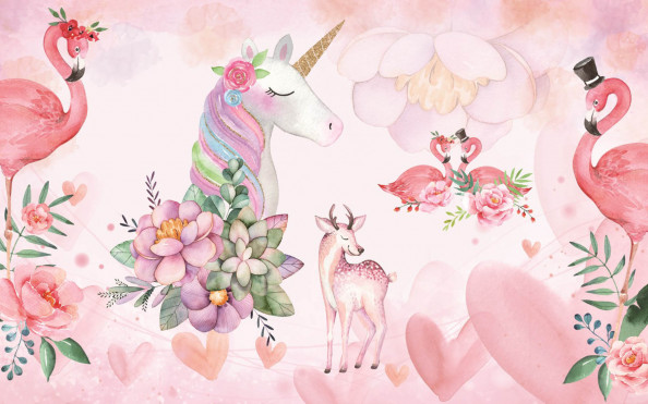 Фотообои сказочный единорог и фламинго