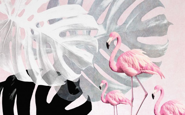 Фотообои Тропические листья и фламинго