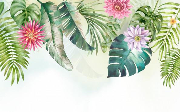 Фотообои Дизайнерские листья с цветами